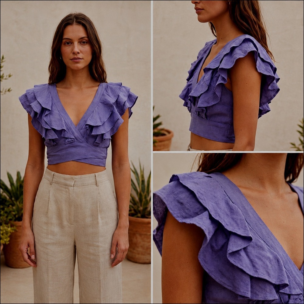 Skylar + Madison Cropped Blouse Top Womens S Purple V-Neck Tiered Ruffle Sleeve